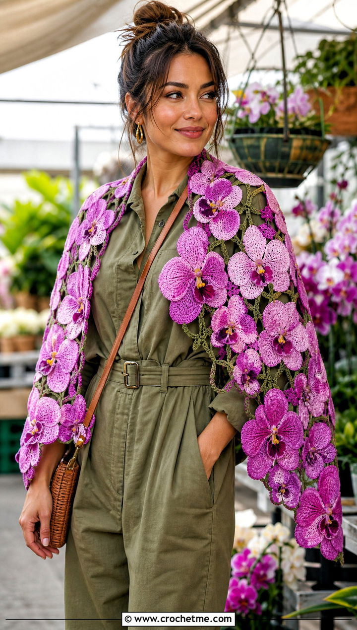 Floral Motif Crochet Lace Shawl With A Utility Jumpsuit - 30 easy crochet lace shawl outfit ideas