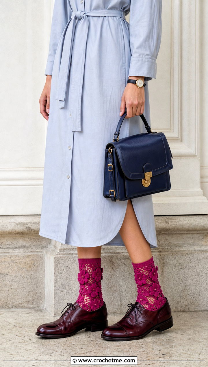 Floral Motif Crochet Lace Socks With Oxfords And Shirt Dress - 25 Crochet Lace Socks outfit ideas