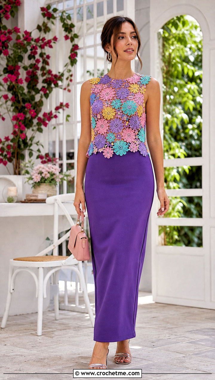 Floral Motif Crochet Lace Top With Maxi Skirt - 20 crochet lace summer top outfit ideas