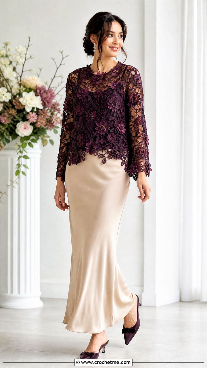 Floral Motif Crochet Lace Top With Slip Skirt - 35 crochet lace top outfit ideas