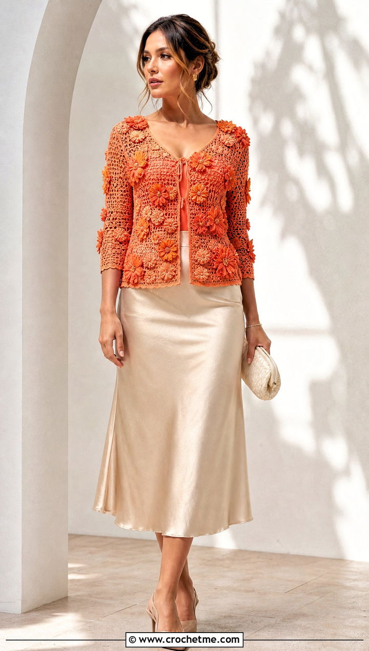 Floral Motif Crochet Layering Top With Satin Midi Skirt - 35 crochet layering top outfit ideas