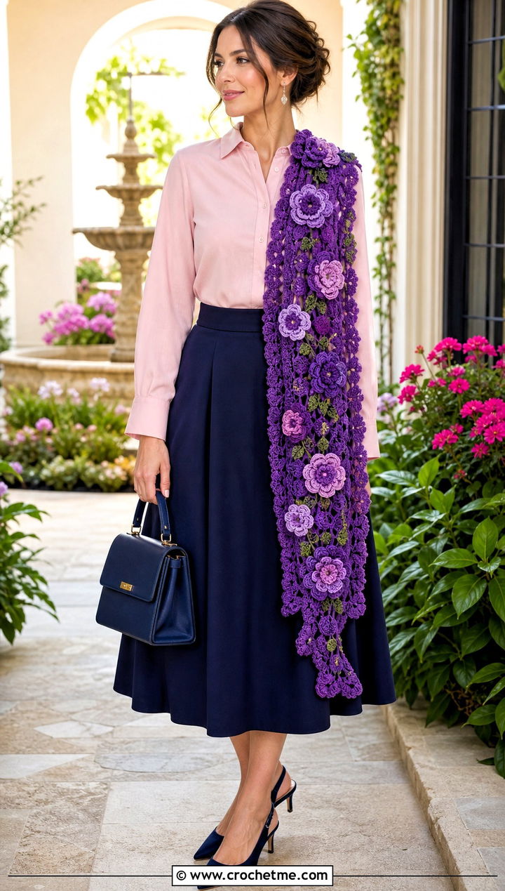 Floral Motif Crochet Long Scarf With Blouse And A Line Skirt - 25 Crochet Long Scarf outfit ideas