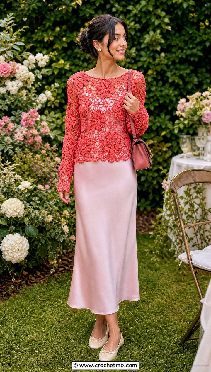 Floral Motif Crochet Long Sleeve Top With Slip Dress - 25 Easy Crochet Long Sleeve Top outfit ideas
