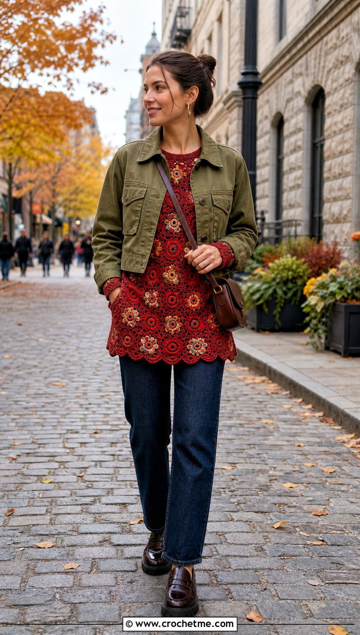 Floral Motif Crochet Long Sleeve Tunic With Utility Jacket - 15 Crochet Long Sleeve Tunic outfit ideas