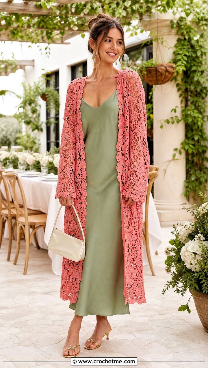 Floral Motif Crochet Long Sweater With Slip Dress - 35 crochet long sweater outfit ideas