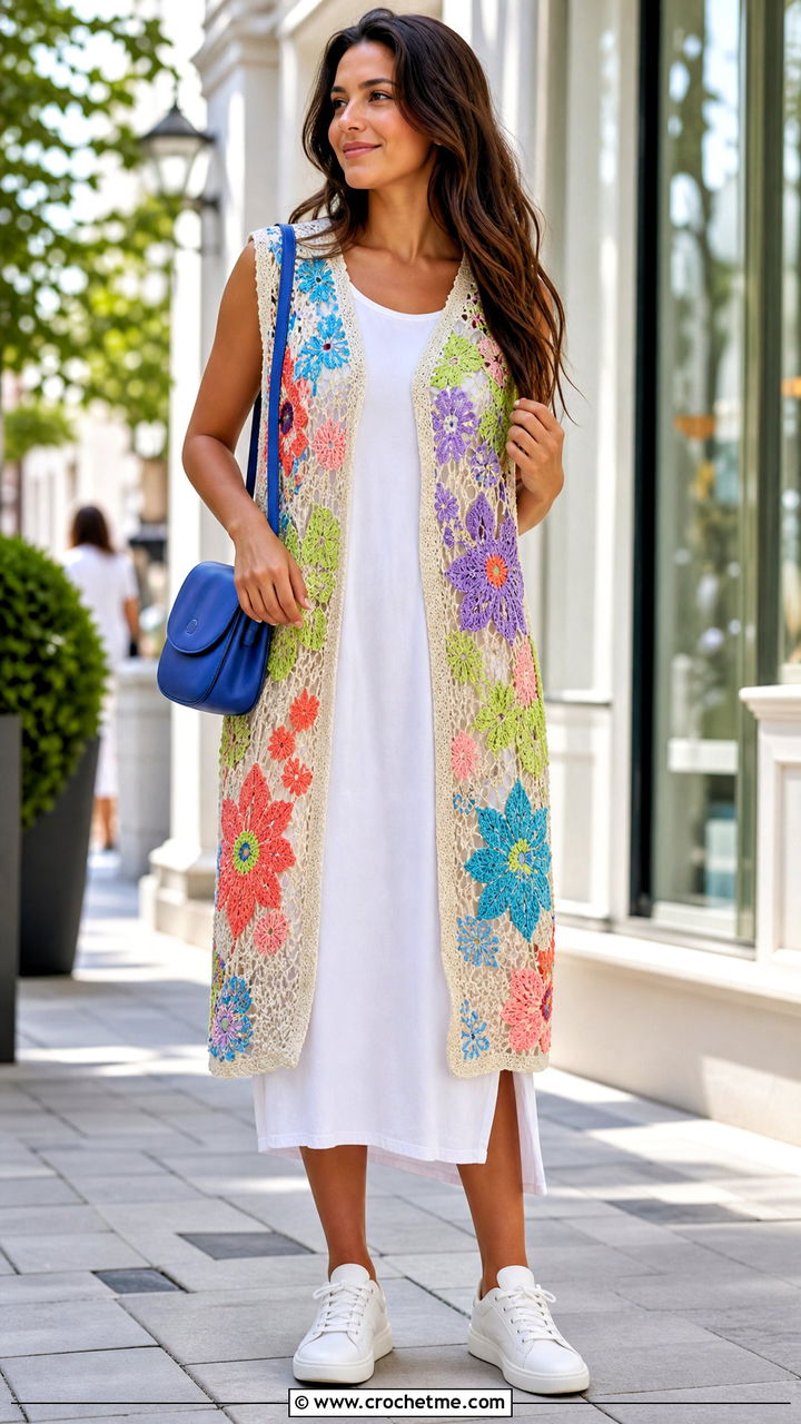 Floral Motif Crochet Long Vest With T Shirt Dress - 35 Crochet Long Vest outfit ideas