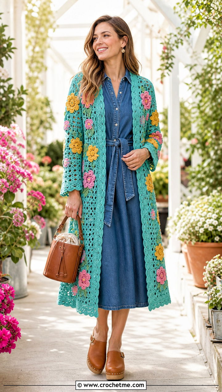 Floral Motif Crochet Longline Cardigan With Denim Dress - 20 Crochet Longline Cardigan outfit ideas