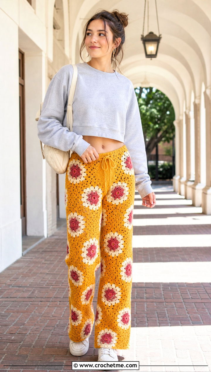 Floral Motif Crochet Lounge Pants With A Cropped Sweatshirt - 30 crochet lounge pants outfit ideas