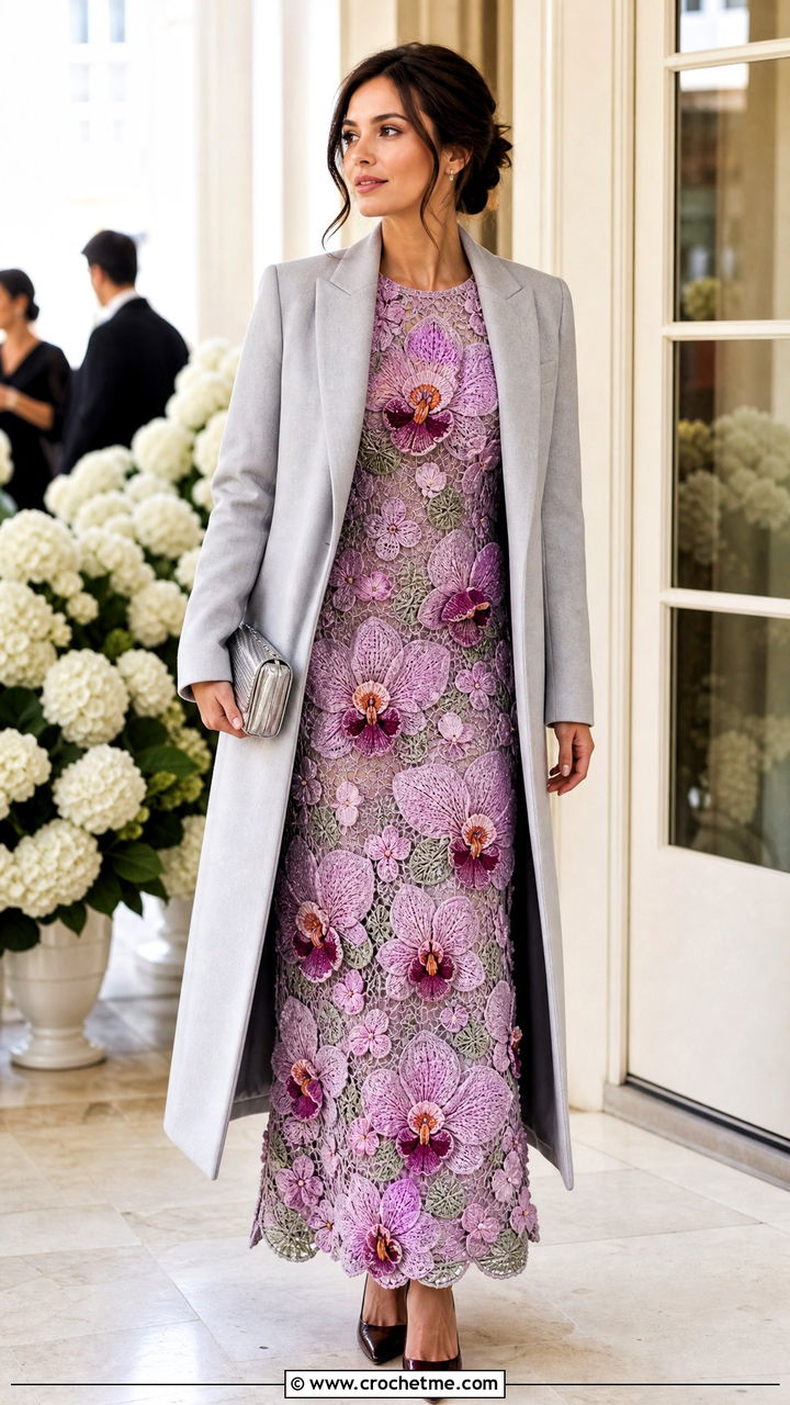 Floral Motif Crochet Maxi Dress With Tailored Coat - 35 Crochet Maxi Dress outfit ideas