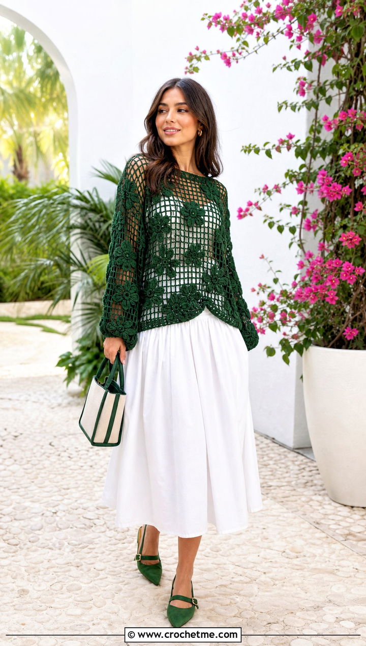 Floral Motif Crochet Mesh Sweater With Poplin Skirt - 35 oversized crochet mesh sweater outfit ideas