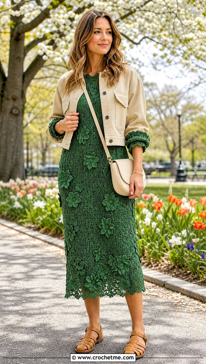 Floral Motif Crochet Midi Dress With Utility Jacket - 25 crochet 60s dress outfit ideas
