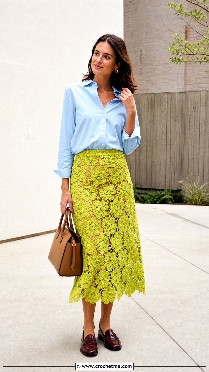 Floral Motif Crochet Midi Skirt With Button Down Shirt - 35 crochet summer skirt outfit ideas