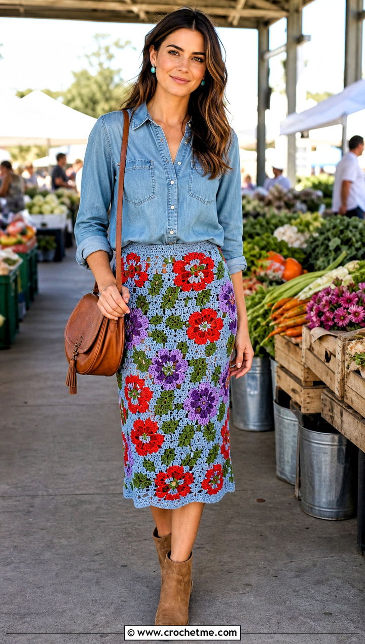 Floral Motif Crochet Midi Skirt With Chambray Top - 25 Boho Crochet Skirt outfit ideas