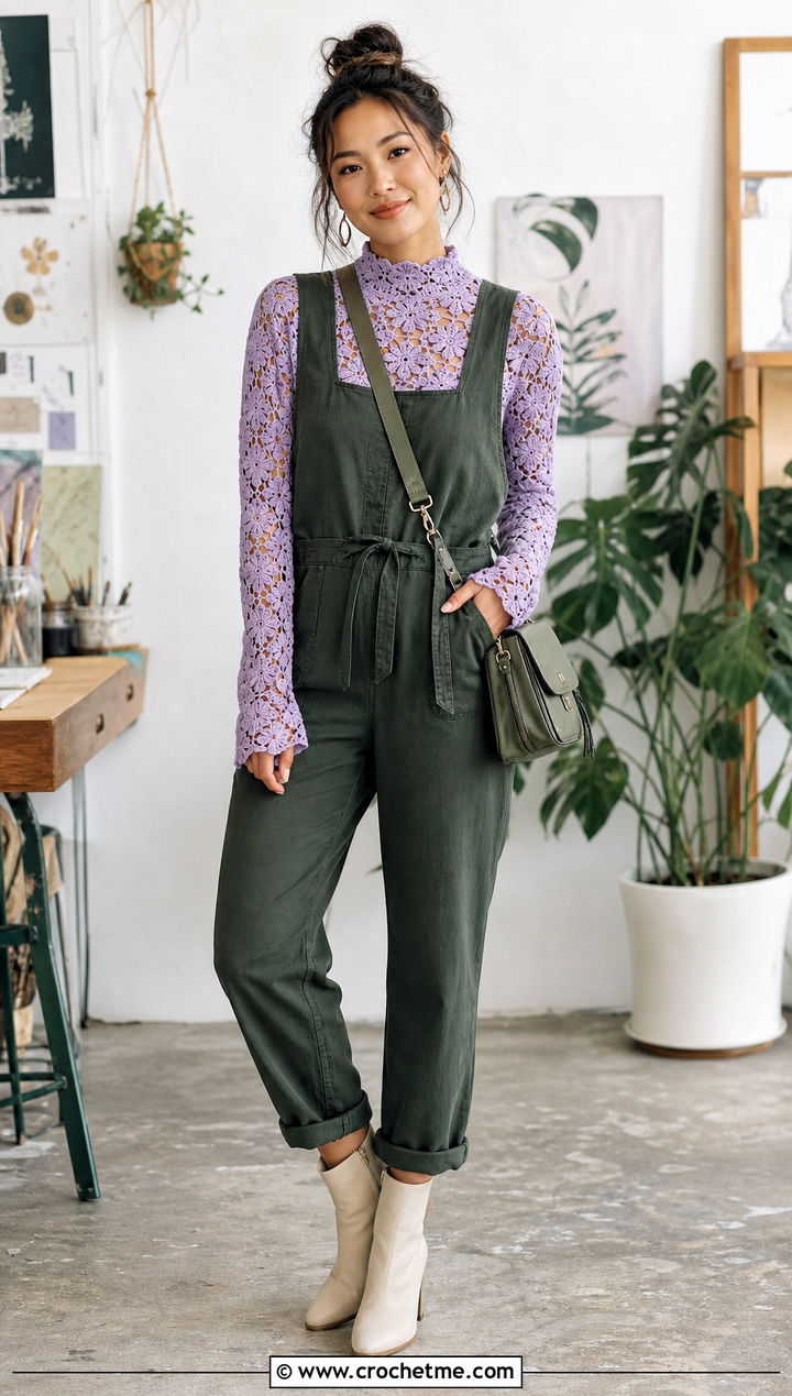 Floral Motif Crochet Mock Neck Top Under Utility Jumpsuit - 35 crochet mock neck top outfit ideas