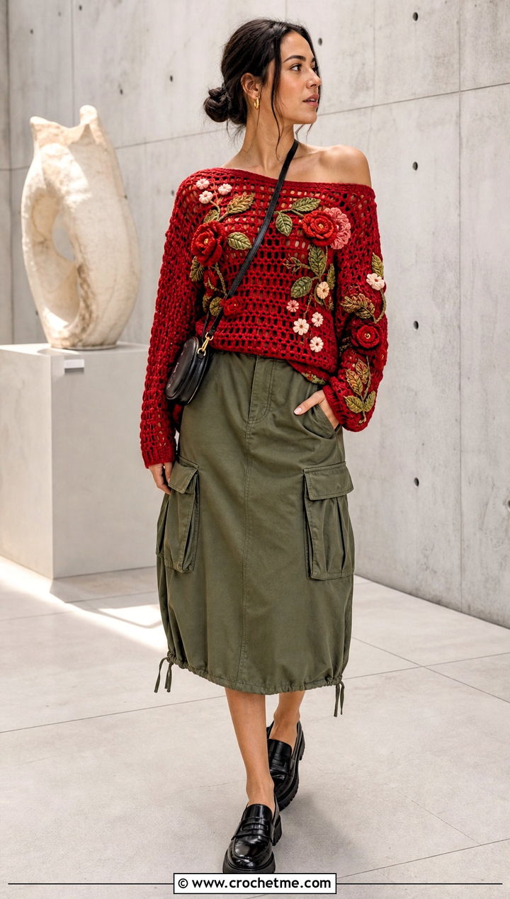 Floral Motif Crochet Off Shoulder Sweater With Utility Skirt - 25 Crochet Over The Shoulder Sweater outfit ideas