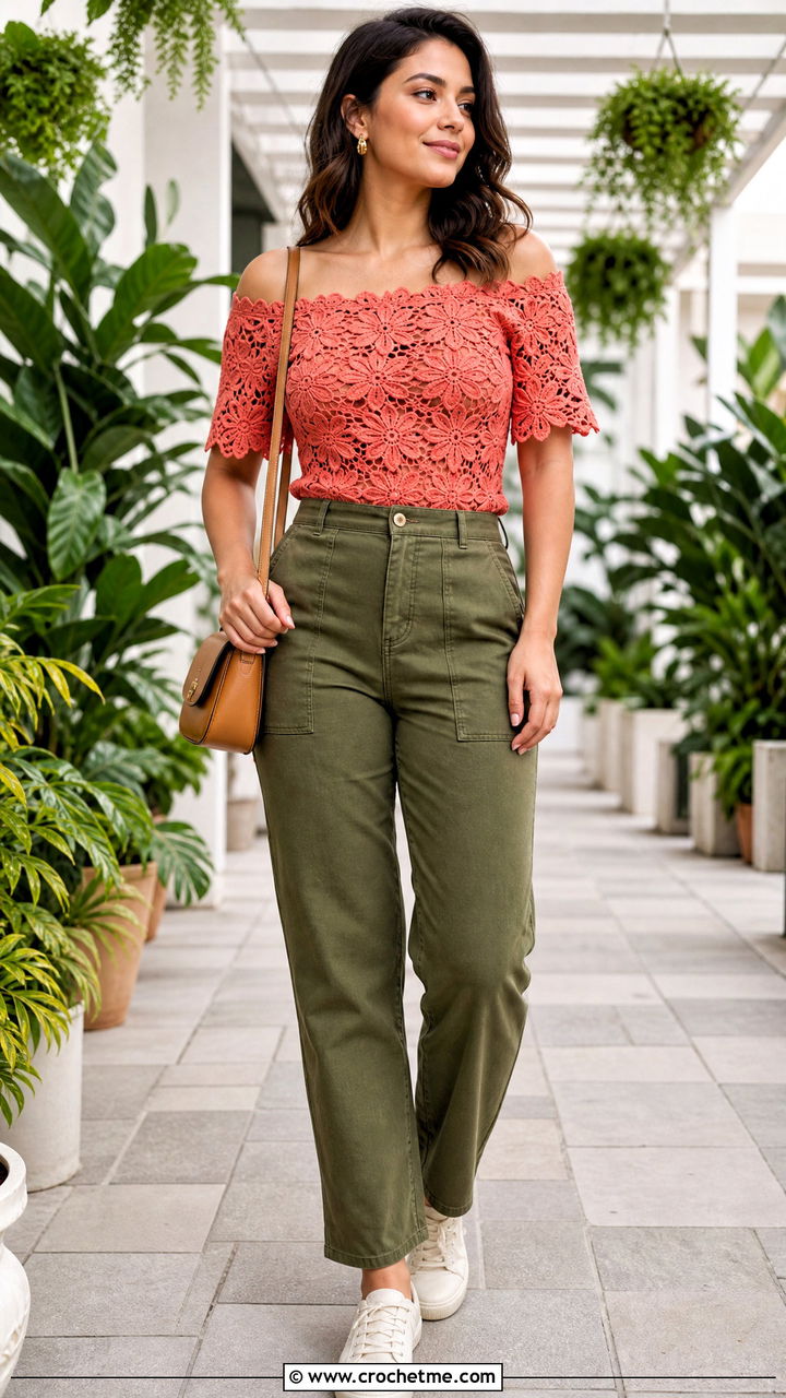 Floral Motif Crochet Off Shoulder Top With Utility Trousers - 35 Crochet Off Shoulder Top outfit ideas