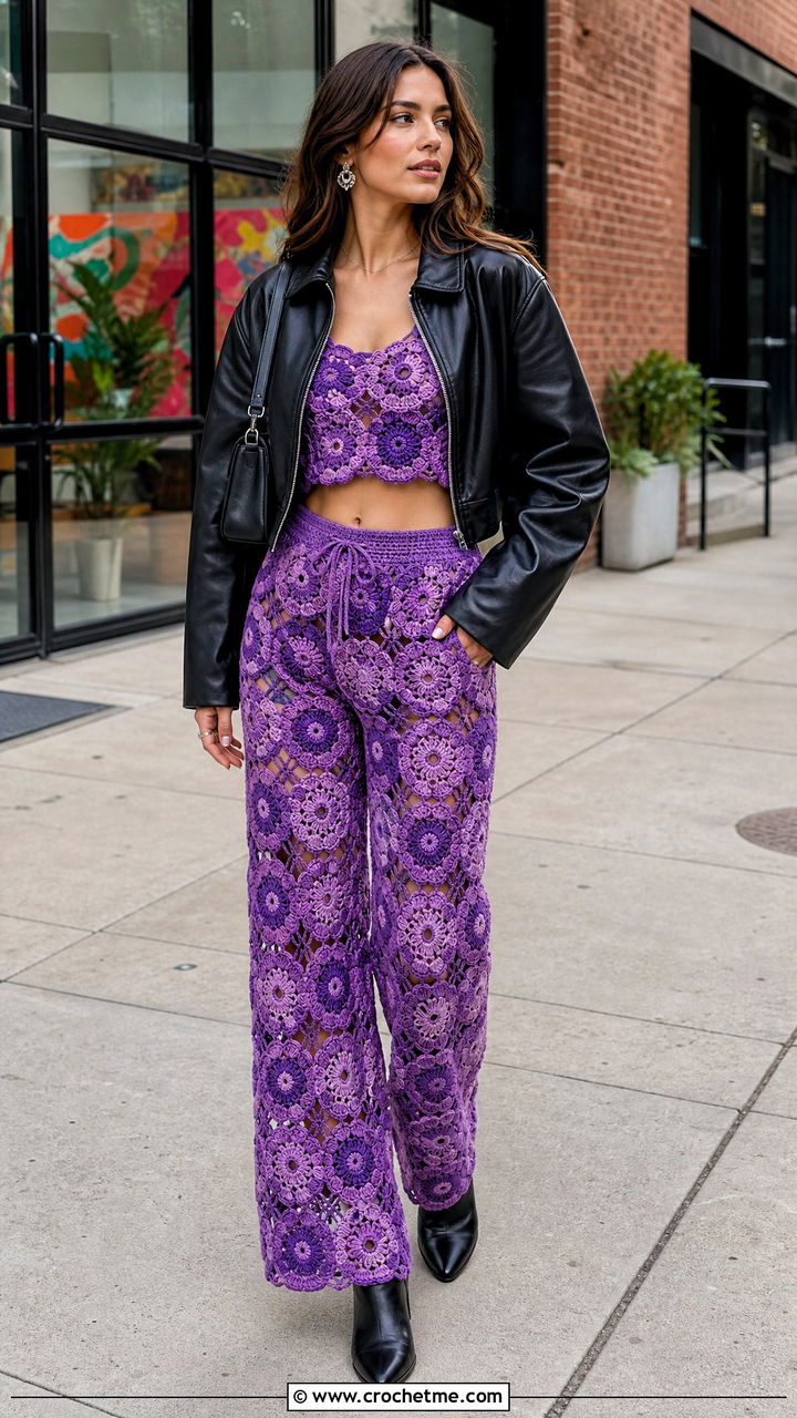 Floral Motif Crochet Pajama Set With Leather Jacket - 35 crochet pajama set outfit ideas