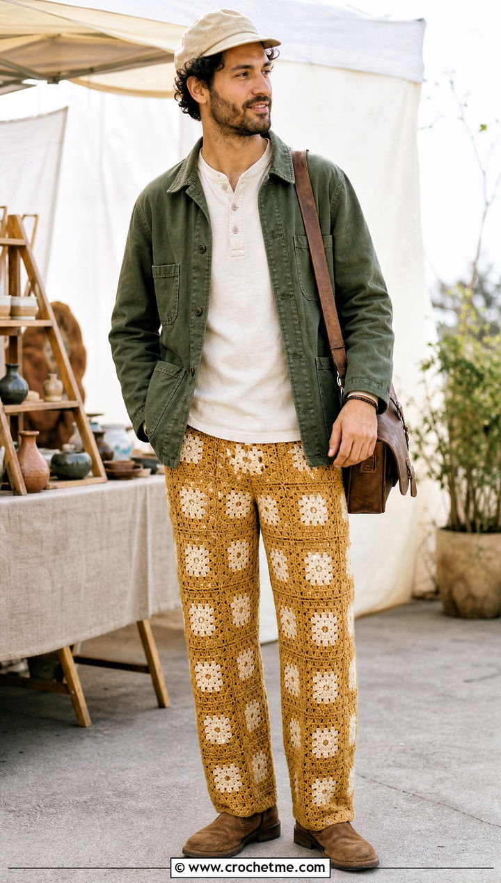 Floral Motif Crochet Pants With Chore Jacket - 30 mens crochet pants outfit ideas
