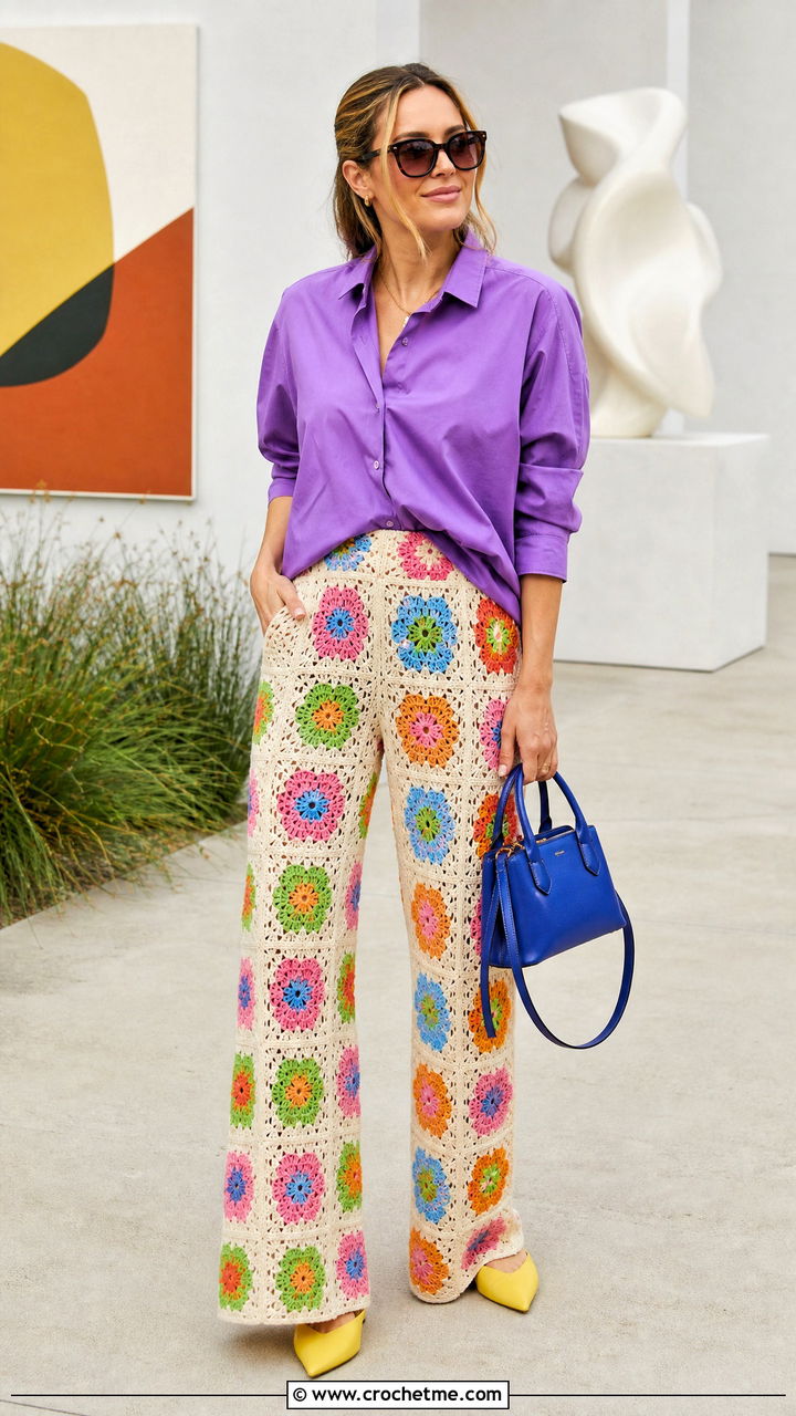 Floral Motif Crochet Pants With Crisp White Shirt - 35 crochet pants outfit ideas