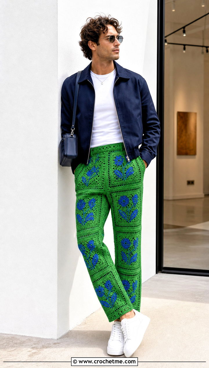 Floral Motif Crochet Pants With Harrington Jacket - 35 crochet pants men outfit ideas