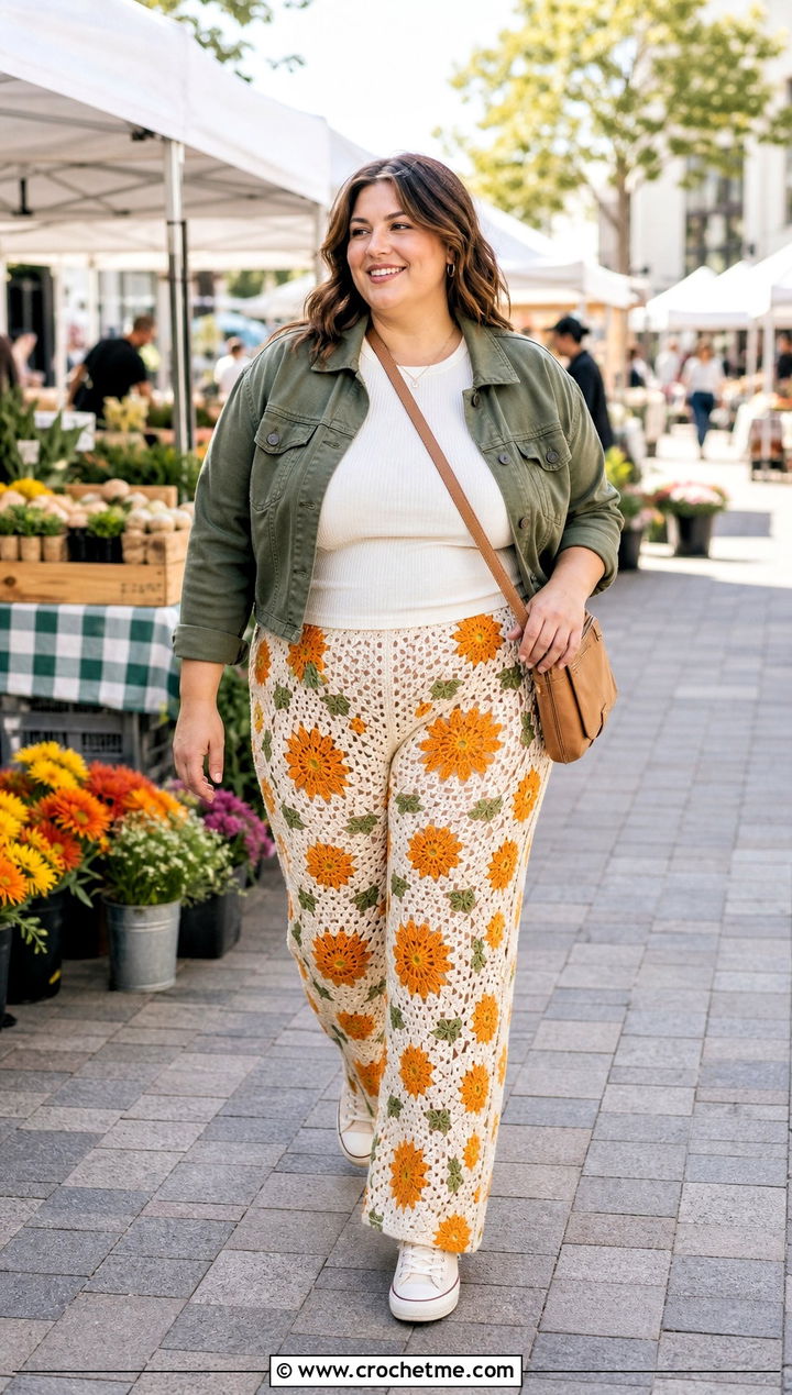 Floral Motif Crochet Pants With Utility Jacket - 25 women crocheted pants outfit ideas