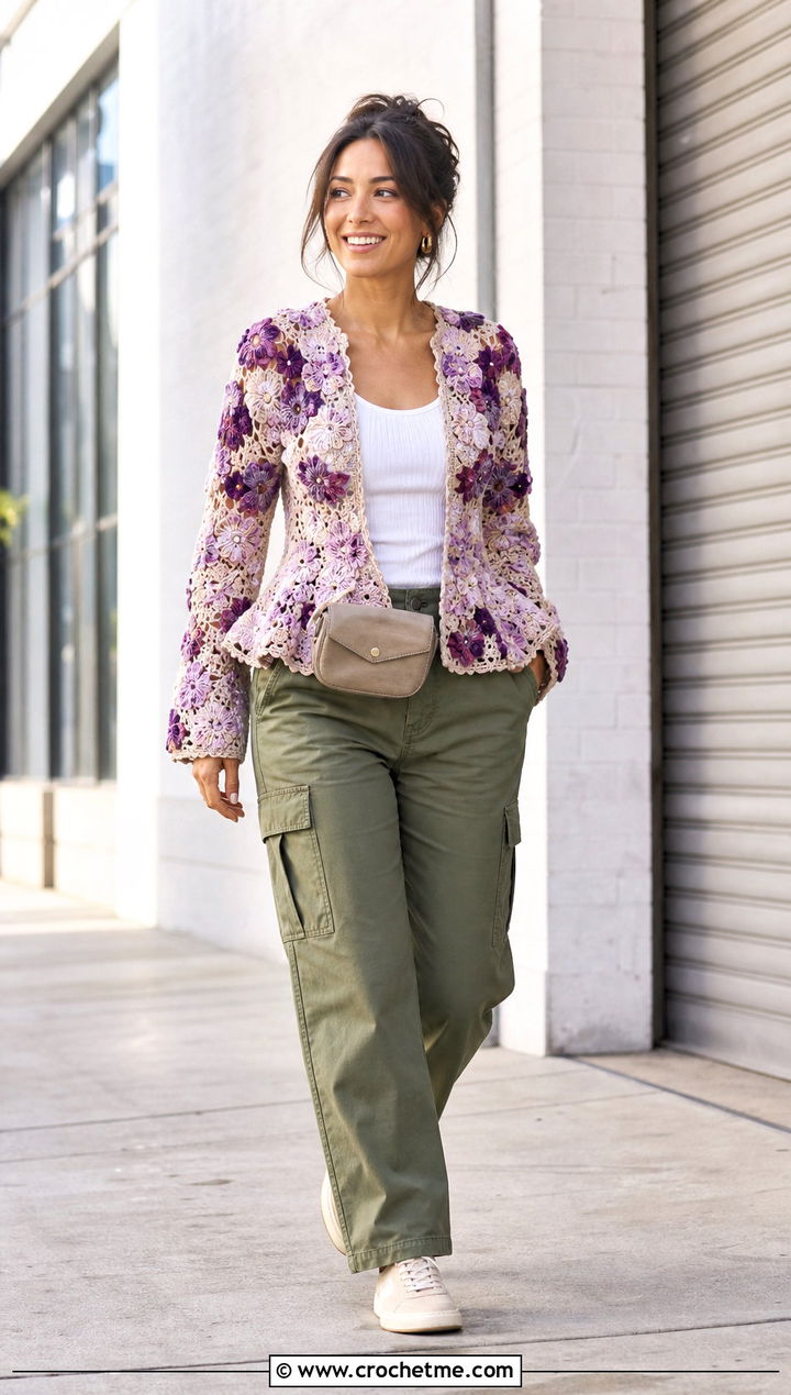 Floral Motif Crochet Peplum Jacket With Cargo Pants - 15 crochet peplum jacket outfit ideas