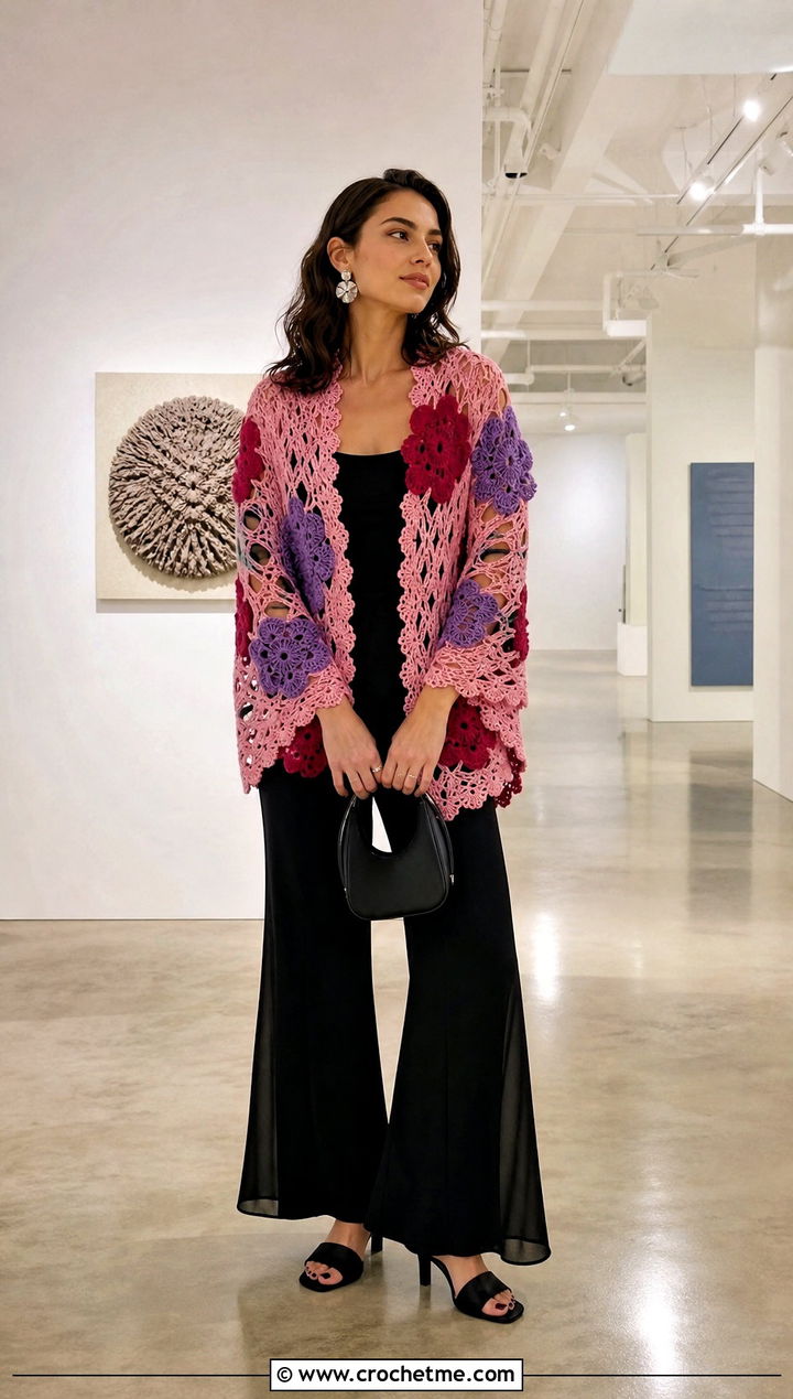 Floral Motif Crochet Poncho Shawl With Black Separates - 20 crochet poncho shawl outfit ideas