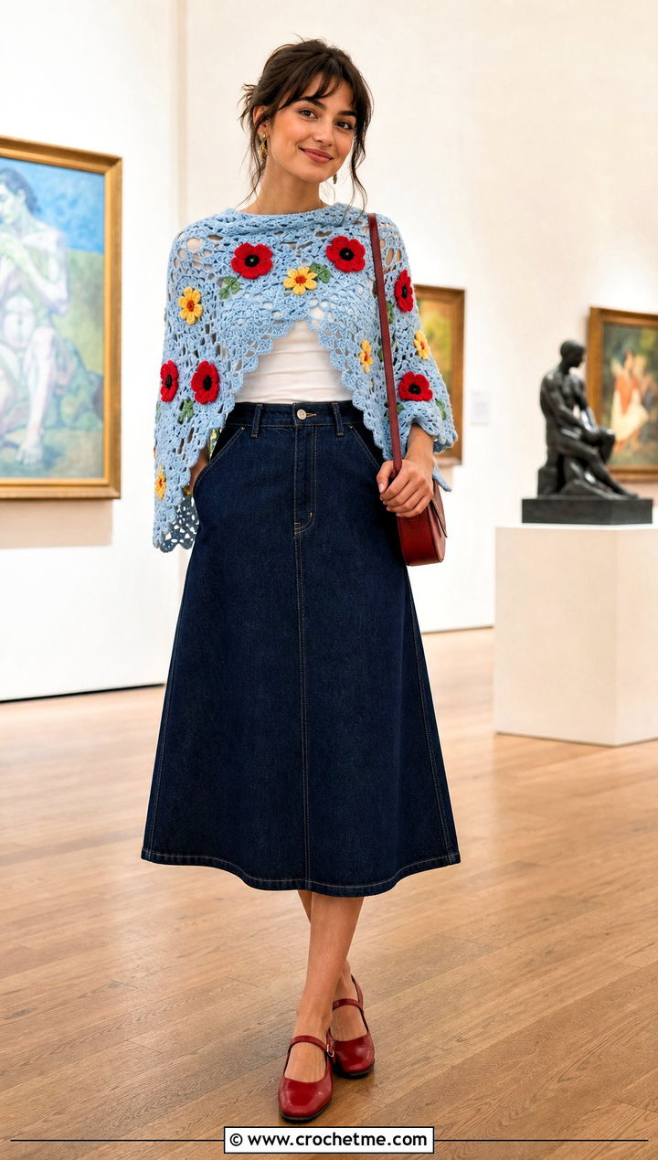 Floral Motif Crochet Poncho With A Denim Midi Skirt - 25 Simple Crochet Poncho outfit ideas
