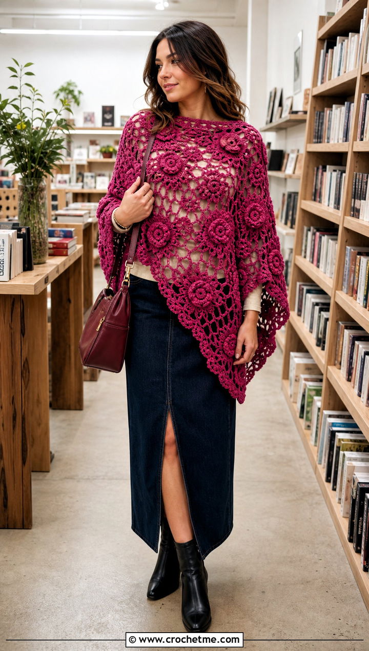 Floral Motif Crochet Poncho With Denim Maxi Skirt - 25 Crochet For Poncho outfit ideas