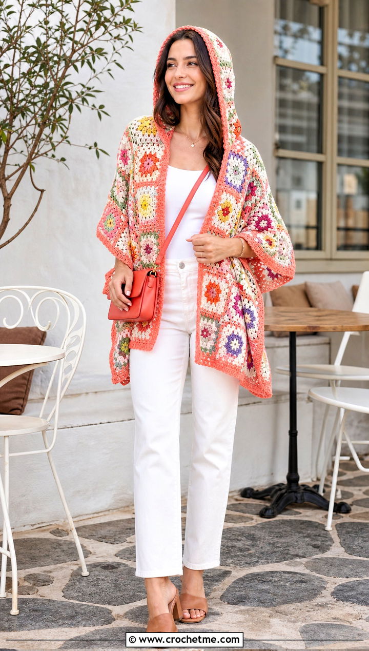 Floral Motif Crochet Poncho With Hood And White Jeans - 35 crochet poncho with hood outfit ideas