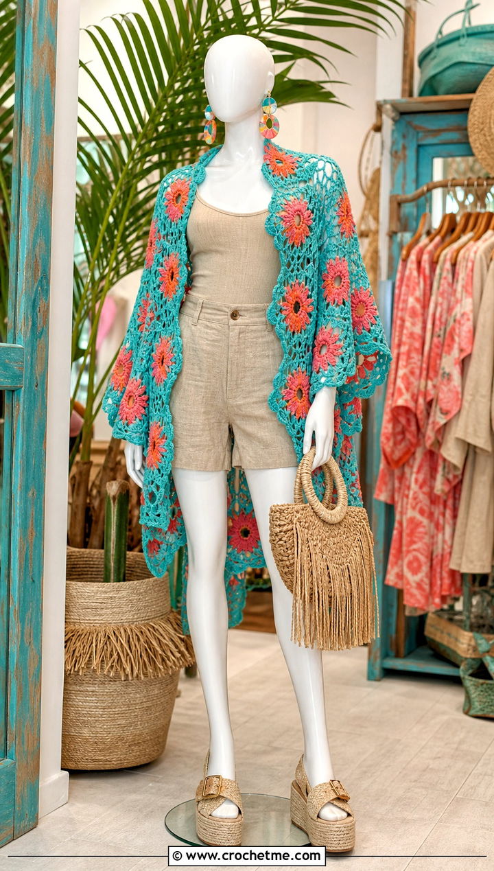 Floral Motif Crochet Poncho With Linen Shorts And Espadrilles - 15 crochet poncho on mannequin outfit ideas