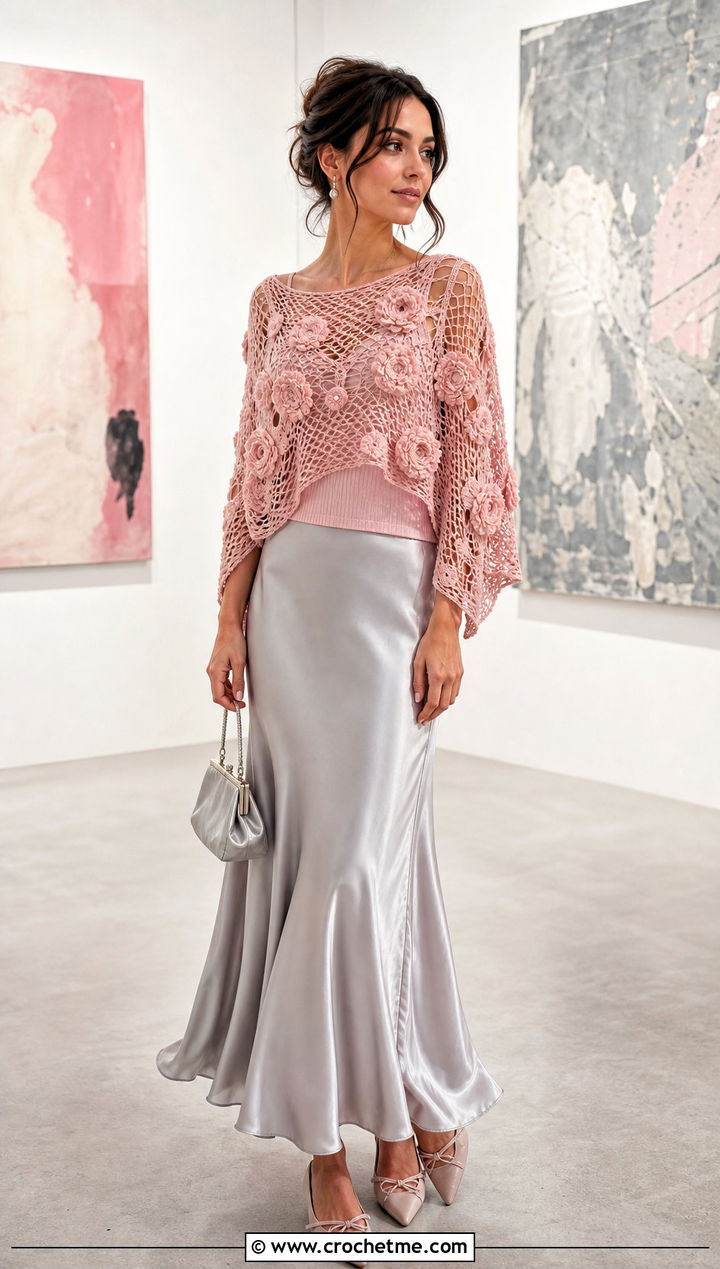 Floral Motif Crochet Poncho With Satin Maxi Skirt - 15 Crochet Womens Poncho outfit ideas