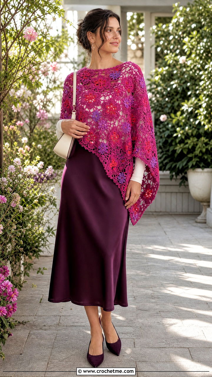 Floral Motif Crochet Poncho With Satin Slip Skirt - 35 crochet poncho woman outfit ideas