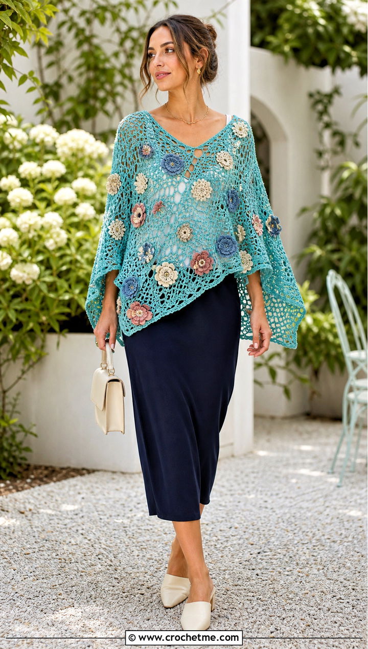 Floral Motif Crochet Poncho With Sleeves And Column Skirt - 30 crochet poncho with sleeves outfit ideas