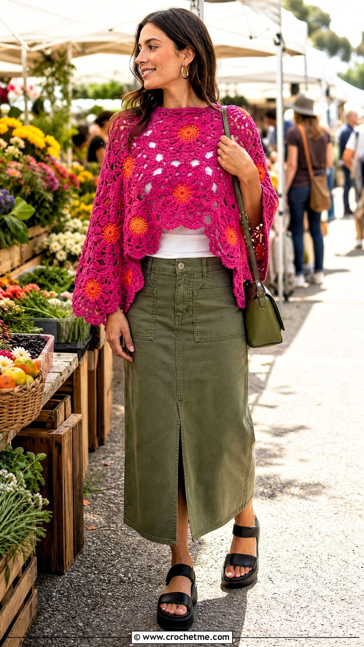 Floral Motif Crochet Poncho With Utility Skirt - 35 easy crochet poncho outfit ideas