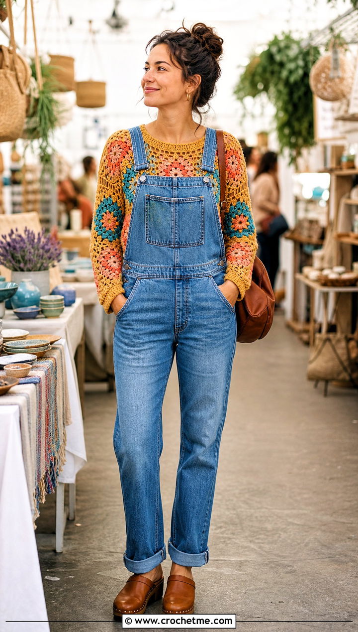Floral Motif Crochet Raglan Top With Denim Overalls - 30 crochet raglan top outfit ideas