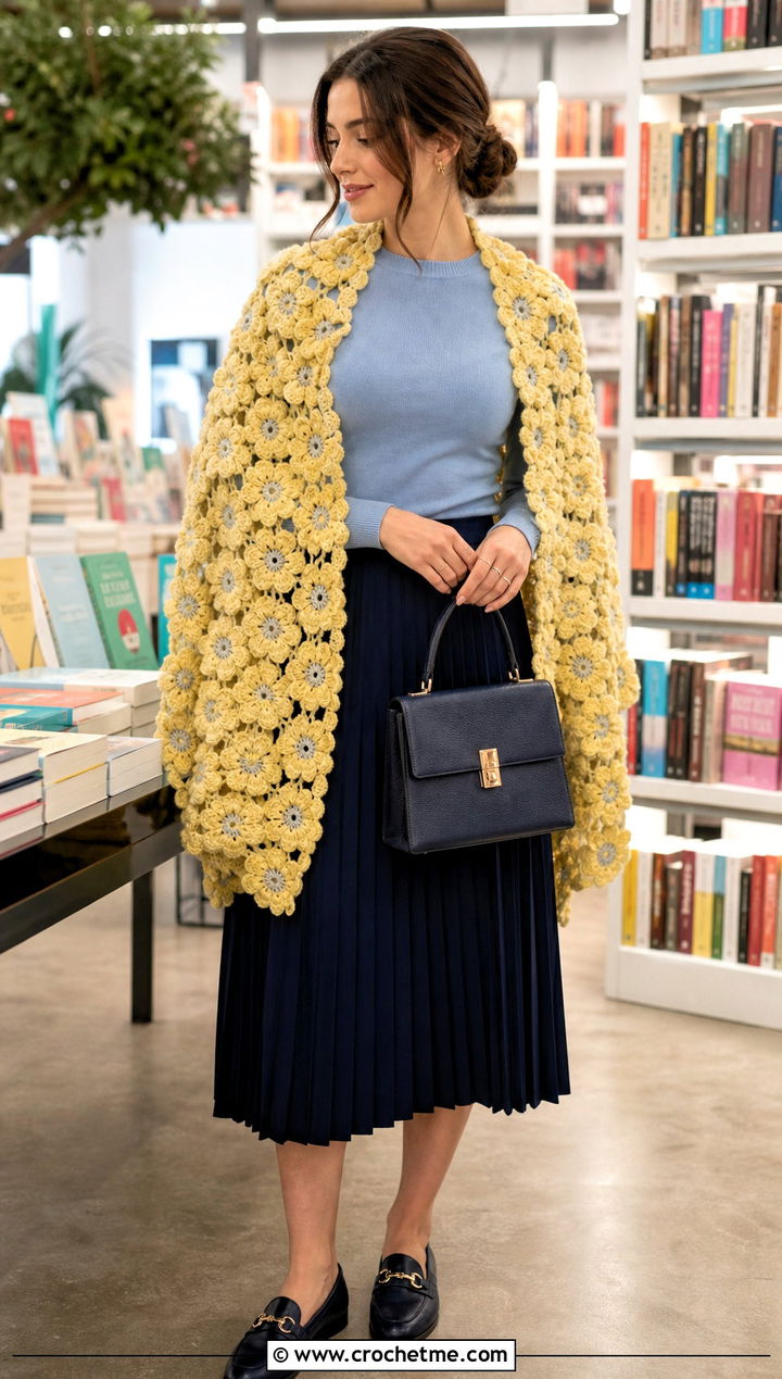 Floral Motif Crochet Rectangular Shawl With Pleated Skirt - 30 crochet rectangular shawl outfit ideas