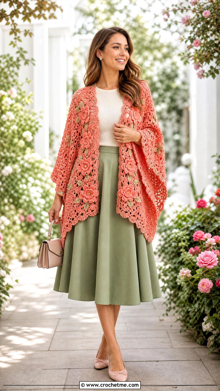 Floral Motif Crochet Ruana With Midi Skirt - 35 crochet ruana outfit ideas