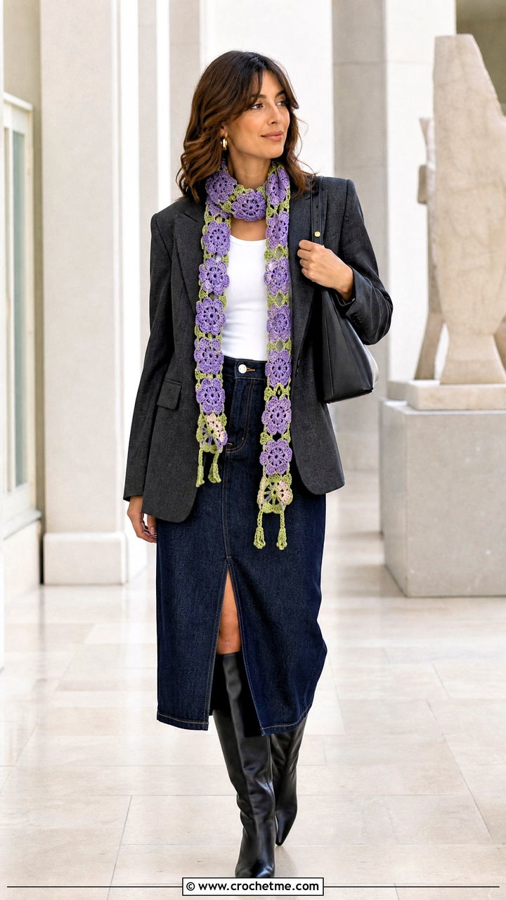 Floral Motif Crochet Scarf With Blazer And Denim Skirt - 35 quick crochet scarf outfit ideas
