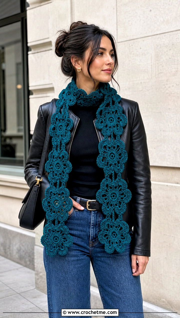 Floral Motif Crochet Scarf With Leather Jacket - 25 crochet for scarfs outfit ideas