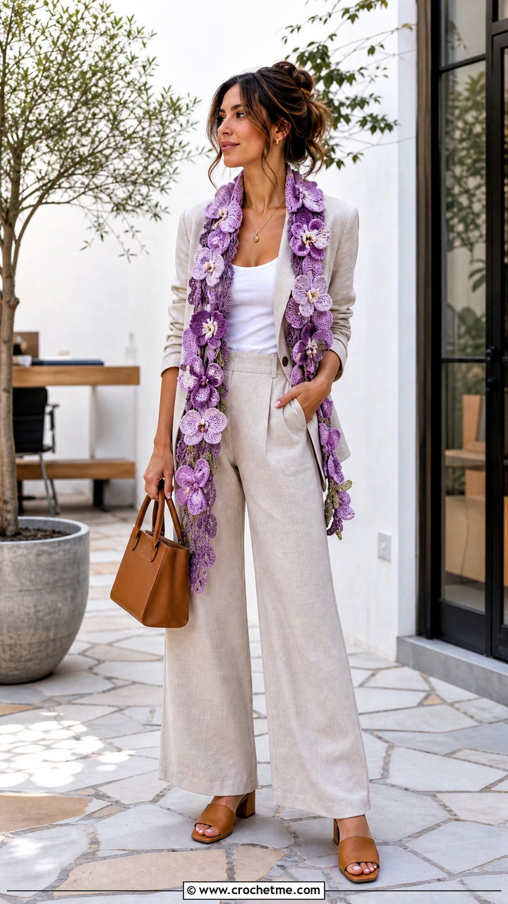 Floral Motif Crochet Scarf With Linen Suit - 35 easy crochet scarves outfit ideas
