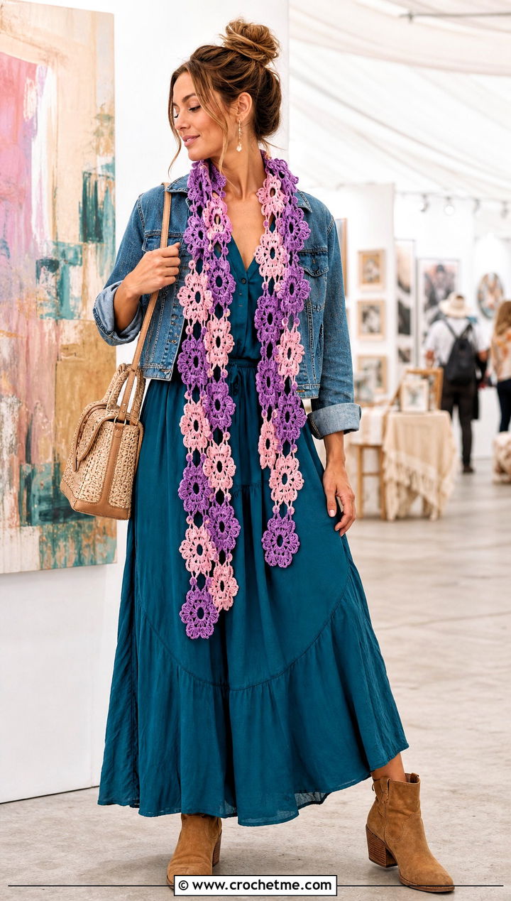 Floral Motif Crochet Scarf With Maxi Dress - 35 crocheted scarf outfit ideas