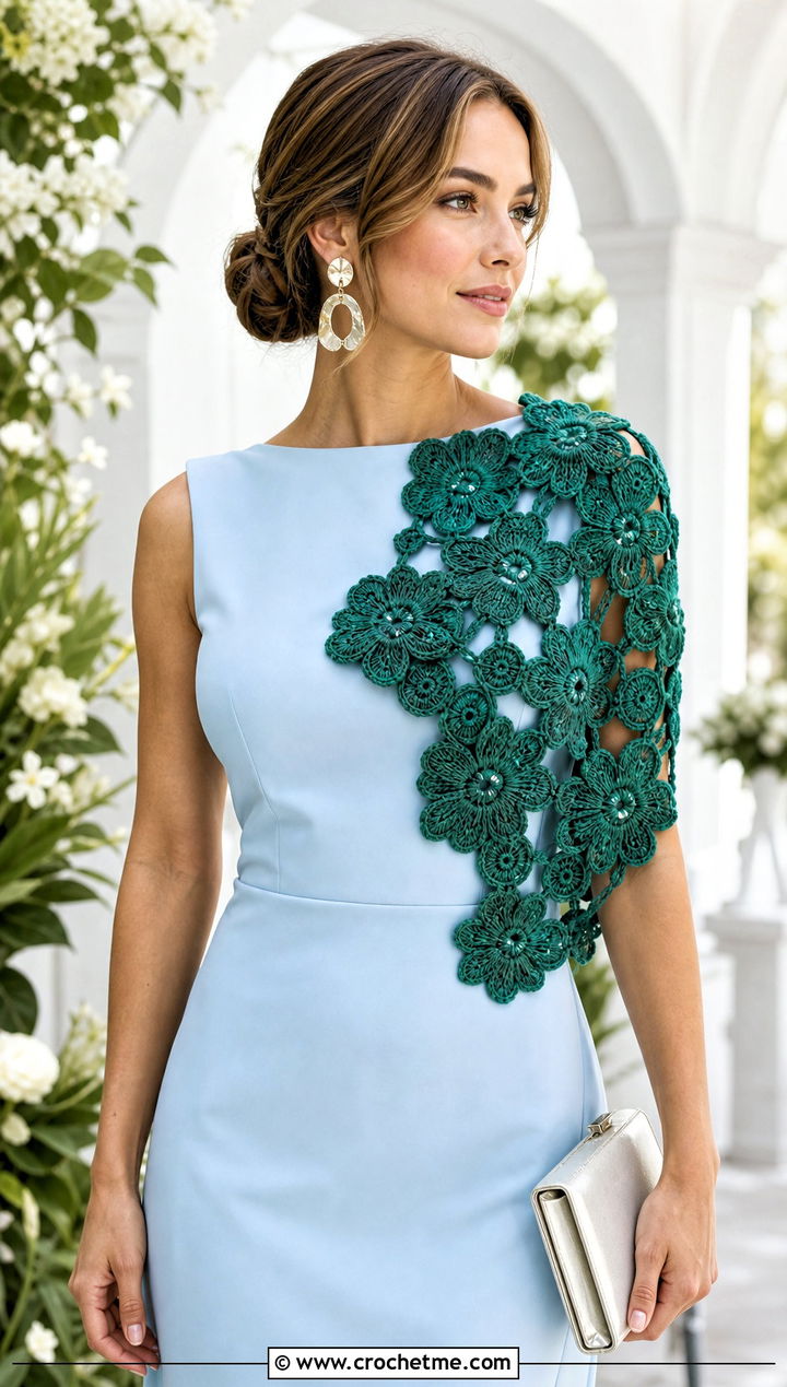 Floral Motif Crochet Scarf With Minimal Dress - 15 Light Weight Crochet Scarf outfit ideas