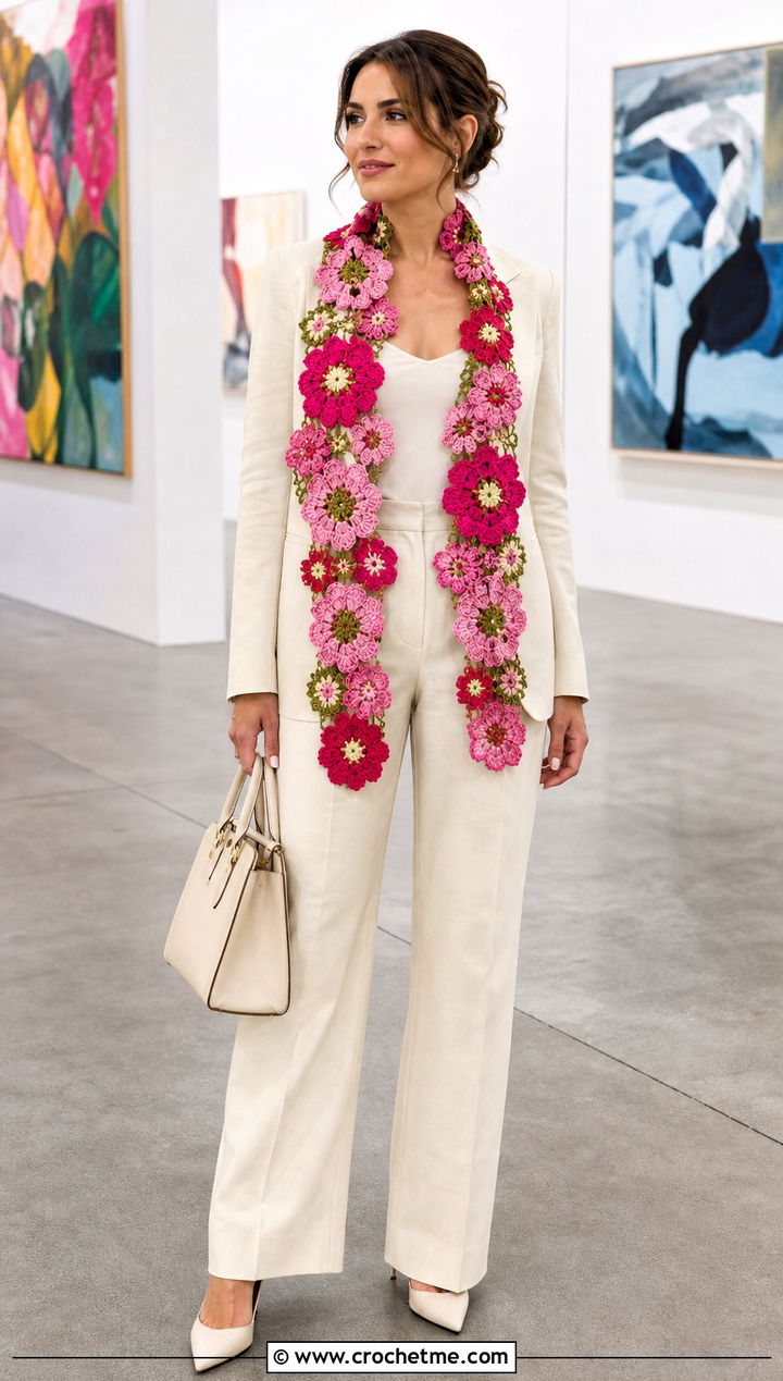 Floral Motif Crochet Scarf With Tailored Suit - 35 cute crochet scarf outfit ideas