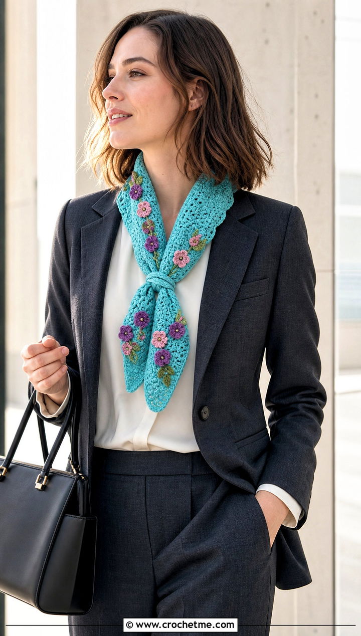 Floral Motif Crochet Scarflette With Blouse And Suit - 15 Small Neck Crochet Scarf outfit ideas