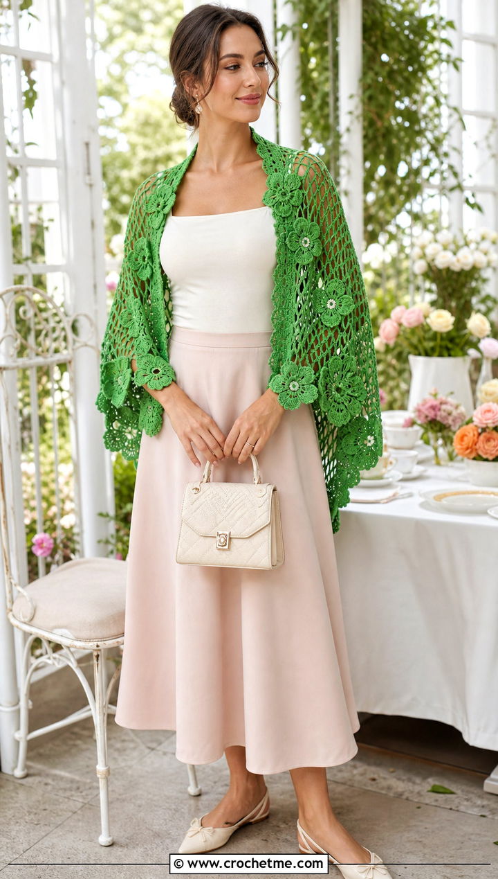 Floral Motif Crochet Semi Circle Shawl With Romantic Skirt - 25 Crochet Semi Circle Shawl outfit ideas
