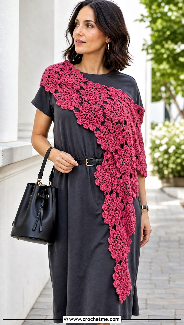 Floral Motif Crochet Shawl Scarf With T Shirt Dress - 30 crochet shawl scarf outfit ideas