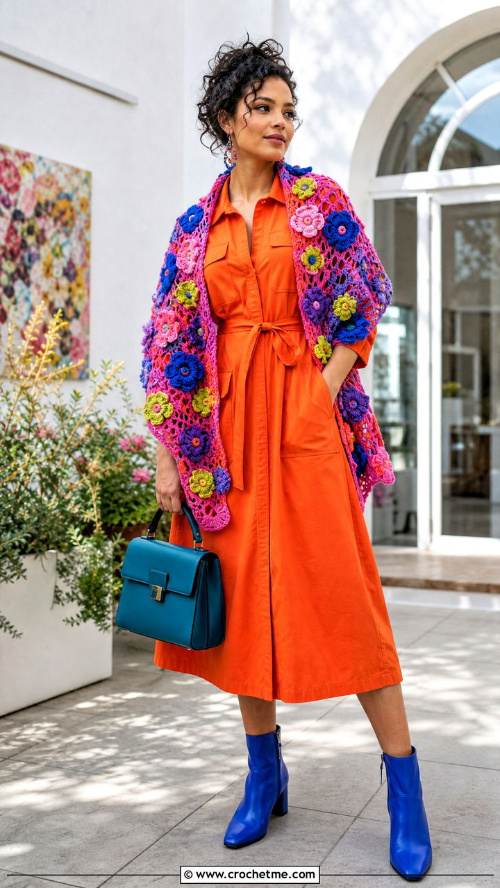 Floral Motif Crochet Shawl With A Utility Dress - 35 crochet shawl outfit ideas