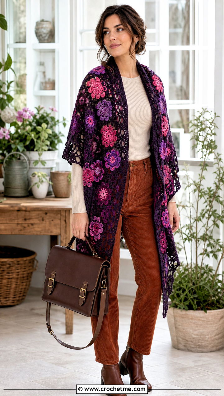 Floral Motif Crochet Shawl With Corduroy Pants - 30 winter crochet shawl outfit ideas
