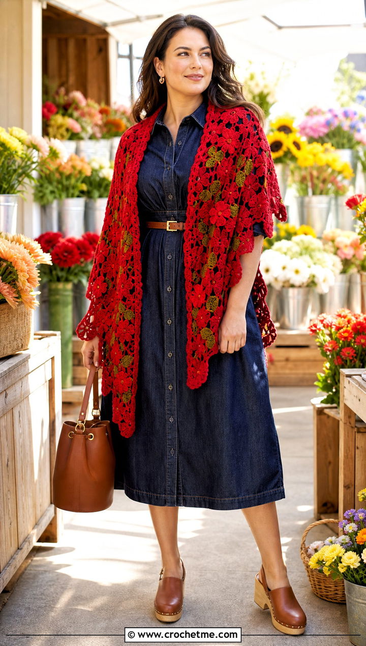 Floral Motif Crochet Shawl With Denim Dress And Clogs - 35 easy crochet shawl outfit ideas